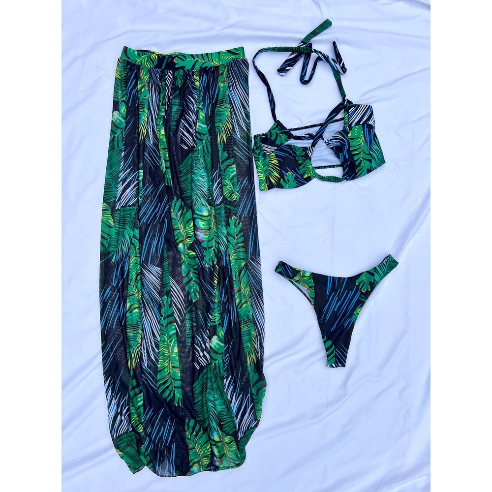 Tropical Palm Print 3 Piece Bikini Set with Mesh Maxi Skirt Cover Up Green M - Picture 4 of 10